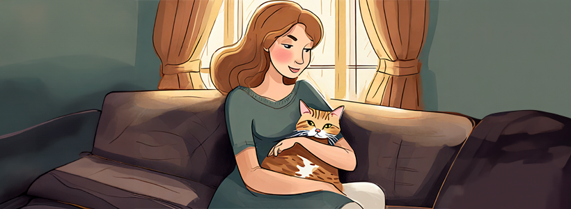 Women on sofa hold her cat in a loving embrace