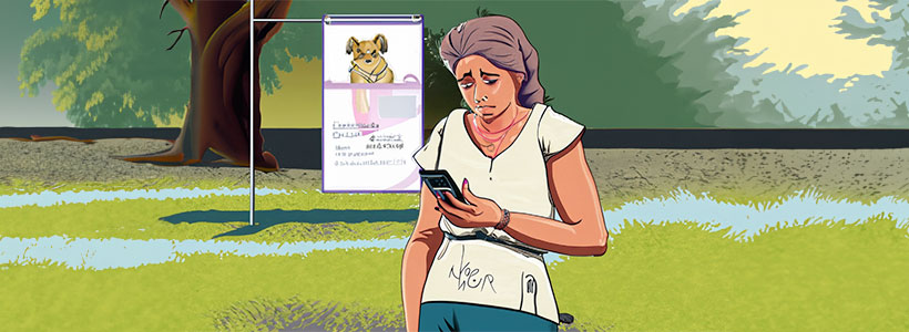 Women on phone in front of a missing cat poster