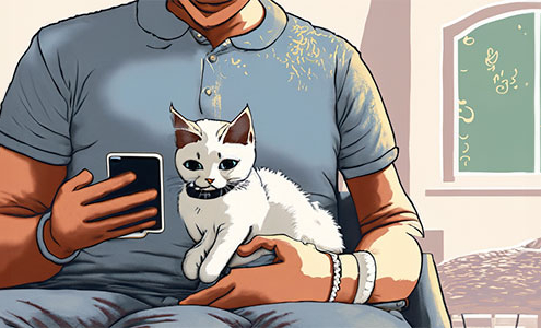 Male cat owner with his cat on his lap looking at his mobile phone