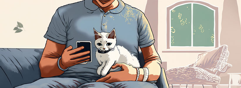 Male cat owner with his cat on his lap looking at his mobile phone