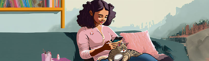 Male cat owner with her cat on her lap looking at his mobile phone