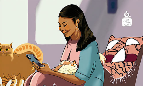 Women checking her cats symptom on her phone setting her cats next to her