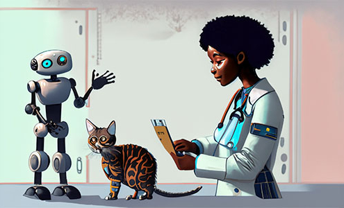 Vet examining a cat with a Ai Robot watching