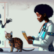 Vet examining a cat with a Ai Robot watching
