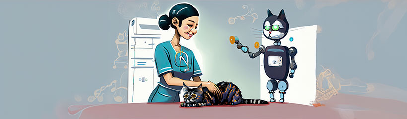 A female Vet examining a cat with a Ai Robot watching