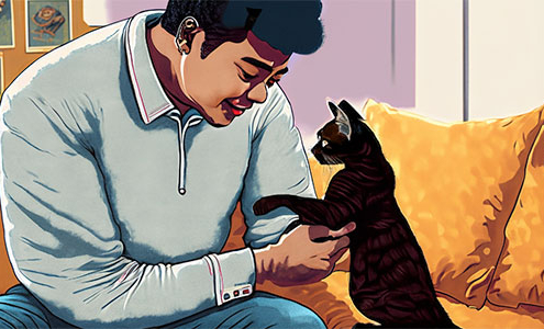Man on sofa playing with he's cat