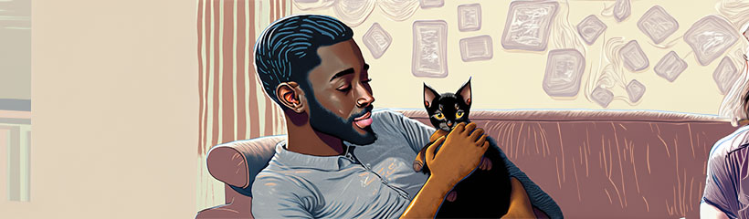 Man on sofa playing with he's cat