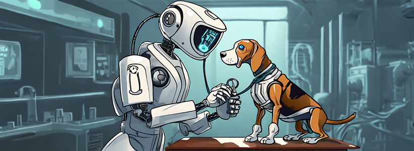 Robot checking the health of a Coonhound dog
