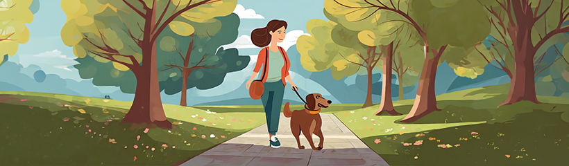 Women walking dog in park