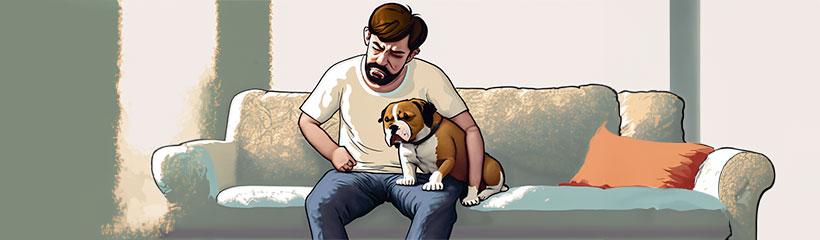 Man on couch worried about her dogs health symptom using a dog symptom checker