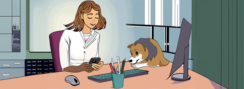 Women sitting at her desk using the phone to check her dog symptoms on her Vet Prompter app