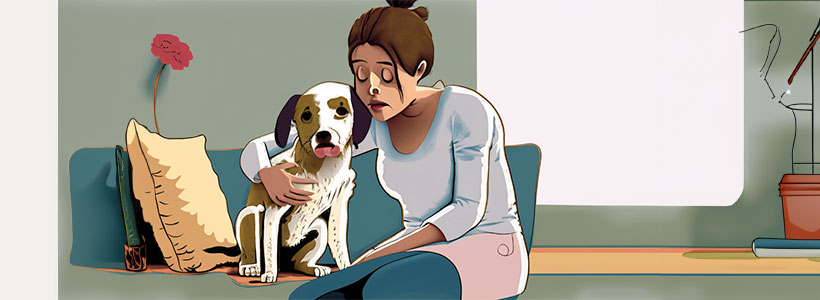 Women on couch worried about her dogs health symptom using a dog symptom checker