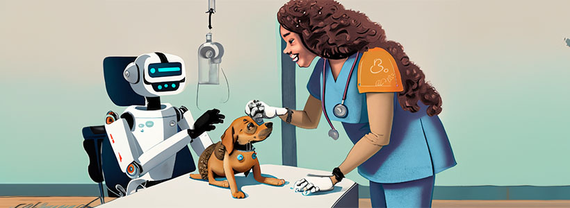 Robot on examining table watching dog being examine by women vet