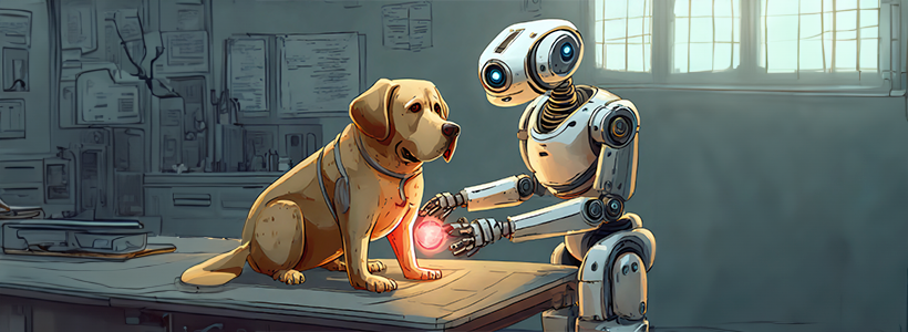 Labrador Retriever with abdomen issues being examine by robot vet