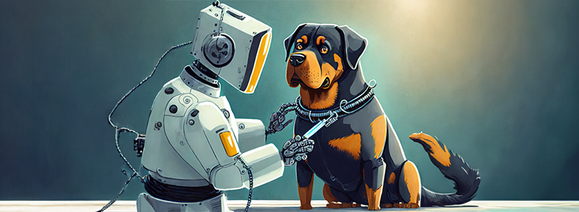 Rottweiler dog with abdomen issues being examine by robot vet