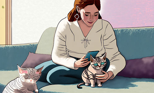 Women cat owner with her cat on her lap looking at his mobile phone