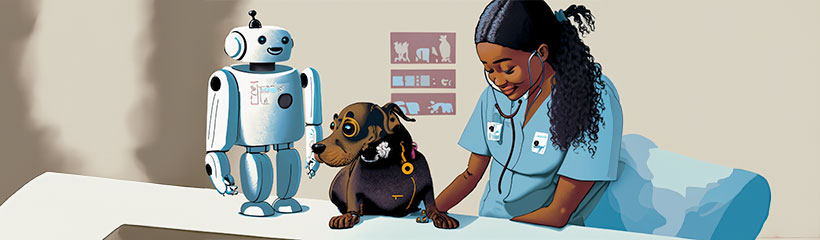Robot on examining table watching dog being examine by a female vet