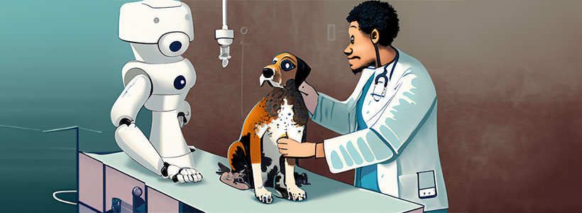 Robot on examining table watching dog being examine by vet