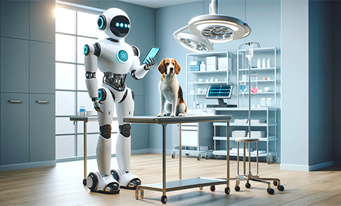 Robot veterinarian examining dog in advanced veterinary hospital.