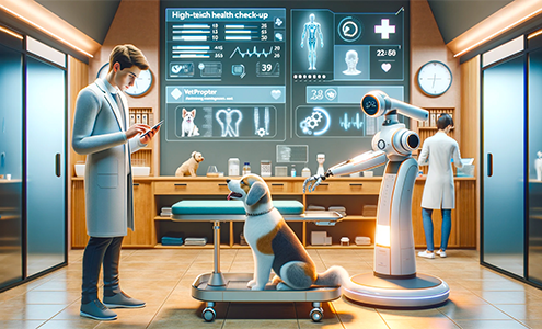 High-Tech Robot Vet Checking Dog's Health with Owner and VetPrompter App