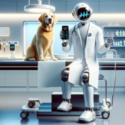 Robot examining golden retriever in modern vet clinic with VetPrompter app.