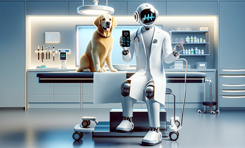 Robot examining golden retriever in modern vet clinic with VetPrompter app.