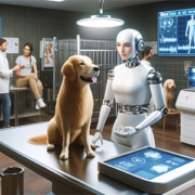 AI robot assisting vet with golden retriever in futuristic vet office.