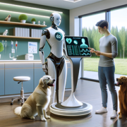 Futuristic veterinarian office with AI health assistant and dog owner analyzing a Golden Retriever's health data on a screen.