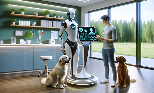Futuristic veterinarian office with AI health assistant and dog owner analyzing a Golden Retriever's health data on a screen.